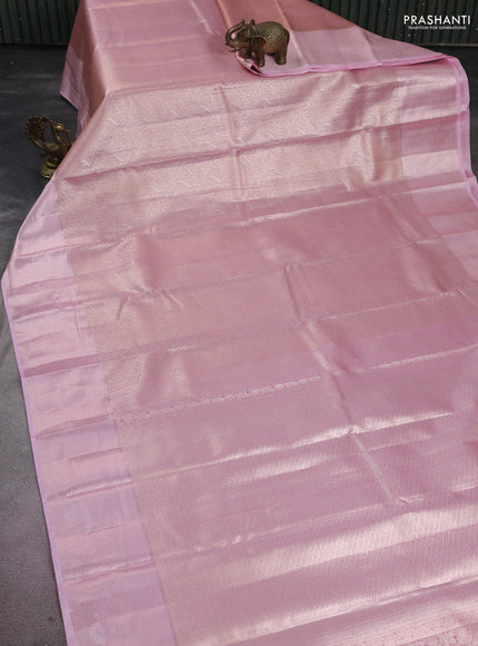 Semi kanchipuram tissue silk saree light pink with allover silver zari woven brocade weaves and long zari woven border