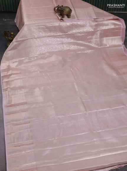 Semi kanchipuram tissue silk saree baby pink with allover silver zari woven brocade weaves and long zari woven border