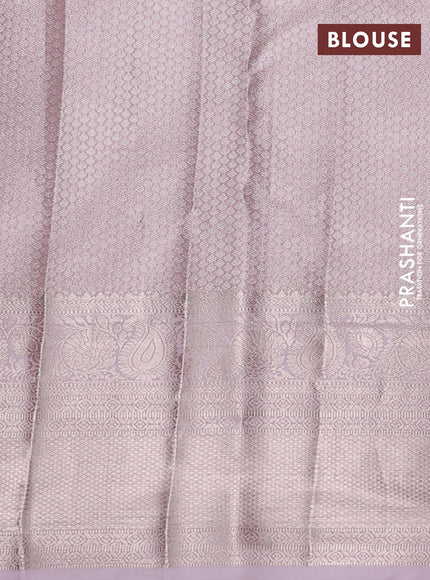 Semi kanchipuram tissue silk saree baby pink with allover silver zari woven brocade weaves and long zari woven border