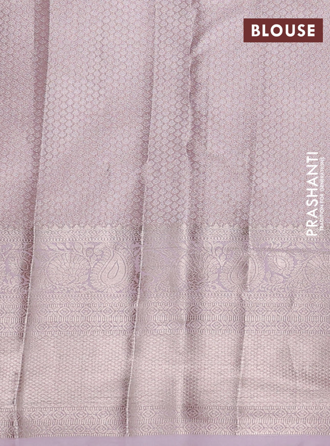 Semi kanchipuram tissue silk saree baby pink with allover silver zari woven brocade weaves and long zari woven border