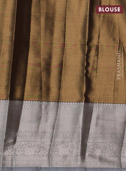 Semi kanchipuram tissue silk saree dark sandal and grey with allover silver zari woven brocade weaves and zari woven border