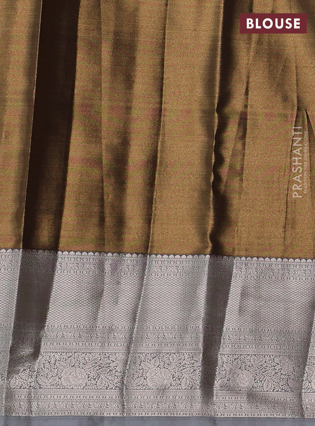 Semi kanchipuram tissue silk saree dark sandal and grey with allover silver zari woven brocade weaves and zari woven border