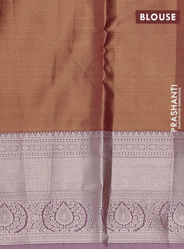 Semi kanchipuram tissue silk saree dual shade of pinkish gold and pastel pink with allover silver zari woven brocade weaves and zari woven border