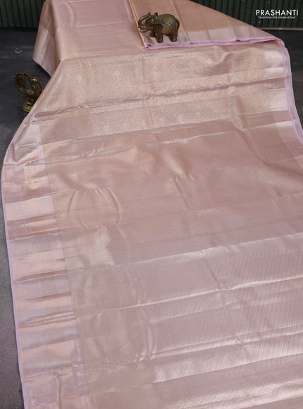 Semi kanchipuram tissue silk saree pastel peach orange and baby pink with allover silver zari woven brocade weaves and zari woven border