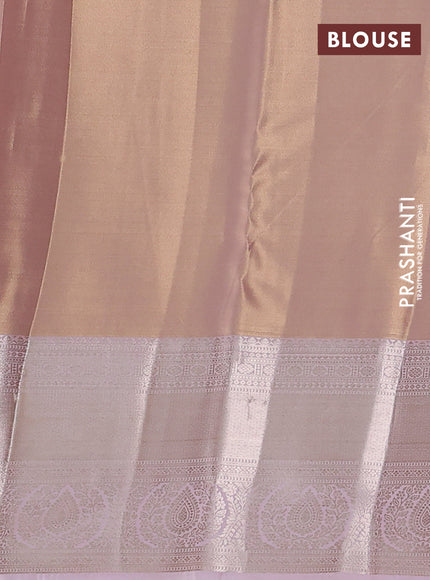 Semi kanchipuram tissue silk saree pastel peach orange and baby pink with allover silver zari woven brocade weaves and zari woven border