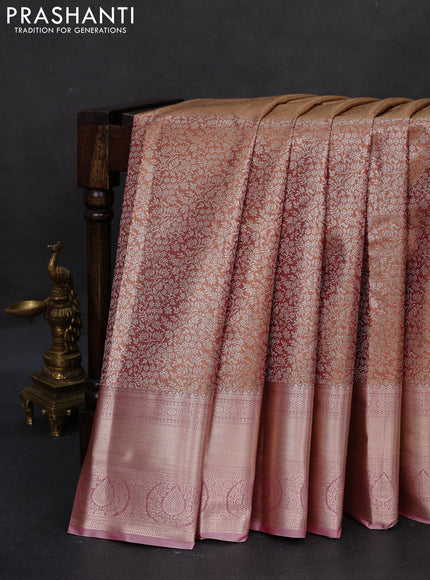 Semi kanchipuram tissue silk saree dual shade of pink and pastel pink with allover silver zari woven brocade weaves and zari woven border