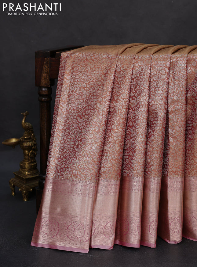 Semi kanchipuram tissue silk saree dual shade of pink and pastel pink with allover silver zari woven brocade weaves and zari woven border