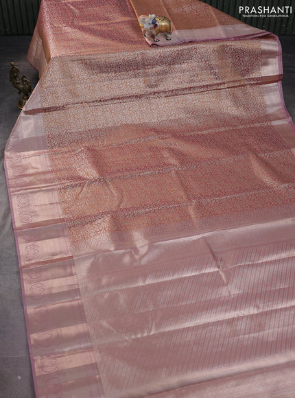 Semi kanchipuram tissue silk saree dual shade of pink and pastel pink with allover silver zari woven brocade weaves and zari woven border