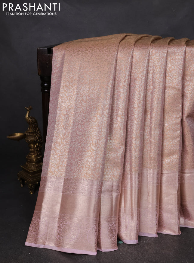 Semi kanchipuram tissue silk saree pastel peach and baby pink with allover silver zari woven brocade weaves and zari woven border