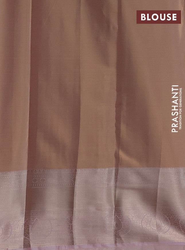 Semi kanchipuram tissue silk saree pastel peach and baby pink with allover silver zari woven brocade weaves and zari woven border