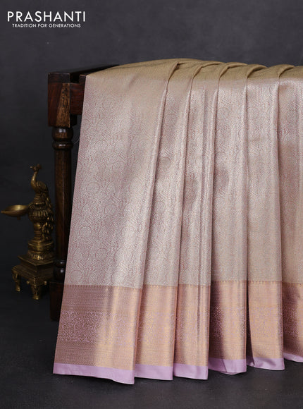 Semi kanchipuram tissue silk saree beige and lavender with allover silver zari woven brocade weaves and rich zari woven border