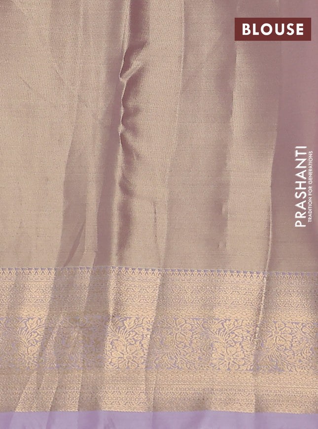 Semi kanchipuram tissue silk saree beige and lavender with allover silver zari woven brocade weaves and rich zari woven border