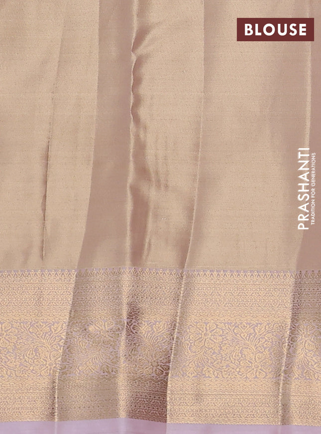 Semi kanchipuram tissue silk saree sandal and baby pink with allover silver zari woven brocade weaves and rich zari woven border
