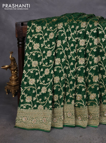 Banarasi georgette saree green with allover jaal weaves & stone work and zardosi work border