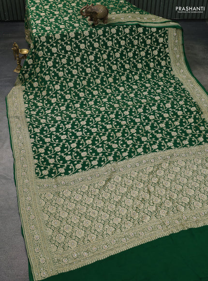 Banarasi georgette saree green with allover jaal weaves & stone work and zardosi work border