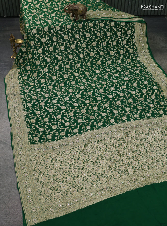 Banarasi georgette saree green with allover jaal weaves & stone work and zardosi work border