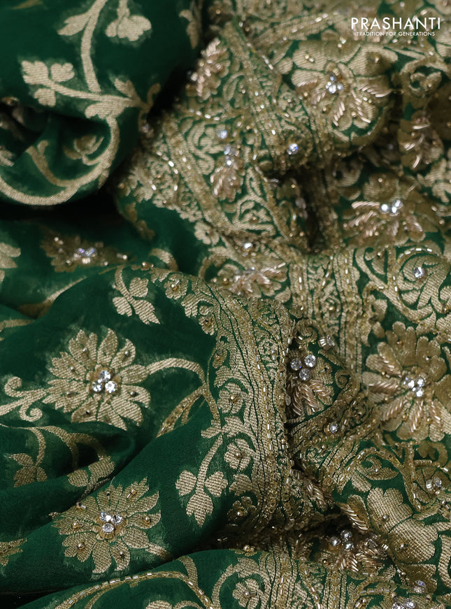 Banarasi georgette saree green with allover jaal weaves & stone work and zardosi work border