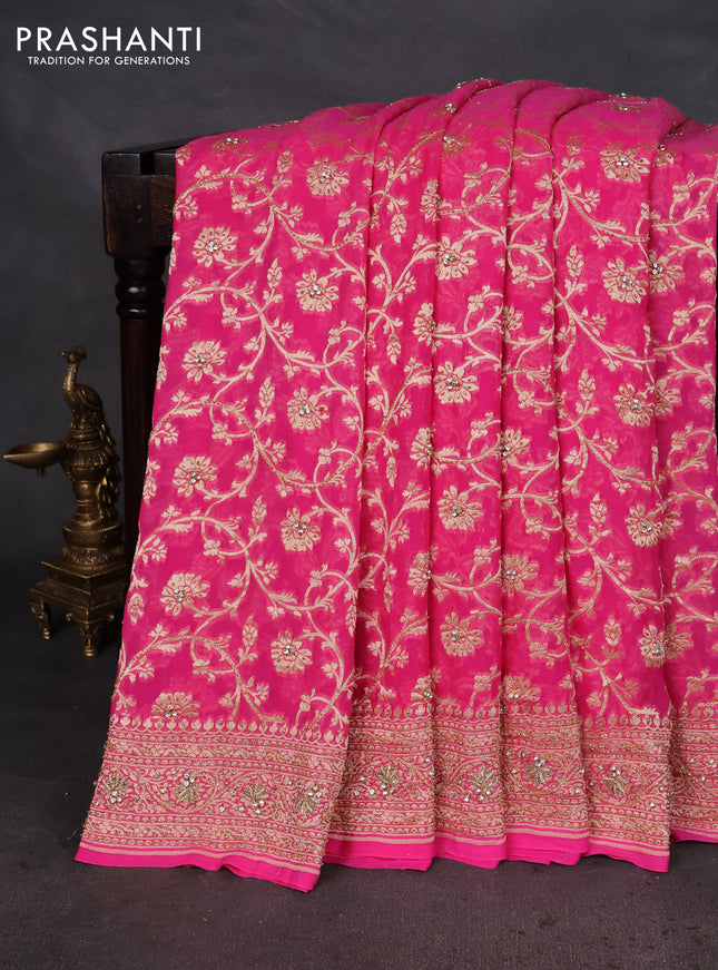 Banarasi georgette saree candy pink with allover jaal weaves & stone work and zardosi work border
