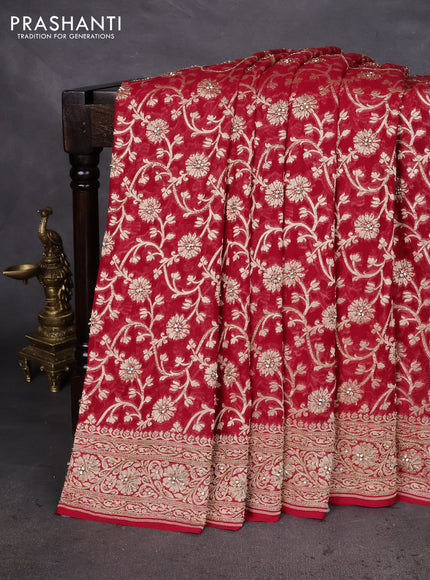 Banarasi georgette saree red with allover jaal weaves & stone work and zardosi work border