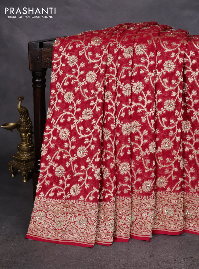 Banarasi georgette saree red with allover jaal weaves & stone work and zardosi work border