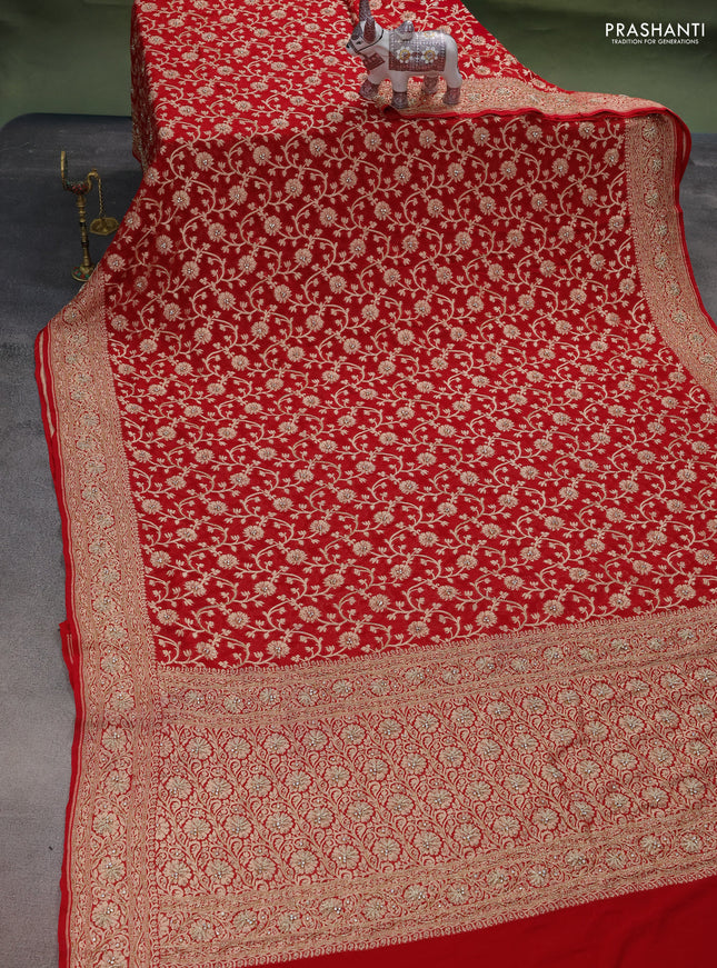 Banarasi georgette saree red with allover jaal weaves & stone work and zardosi work border
