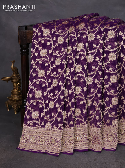 Banarasi georgette saree violet with allover jaal weaves & stone work and zardosi work border