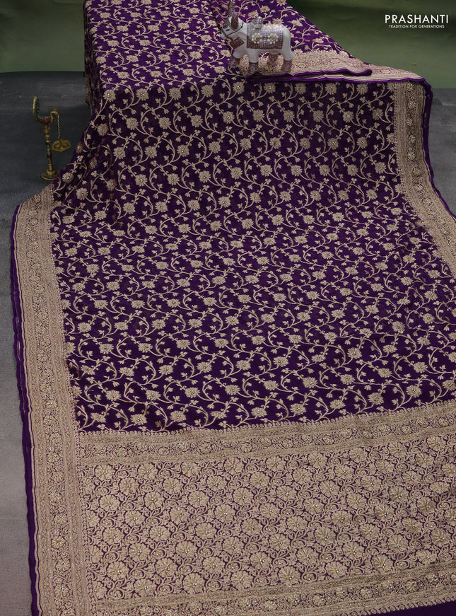 Banarasi georgette saree violet with allover jaal weaves & stone work and zardosi work border