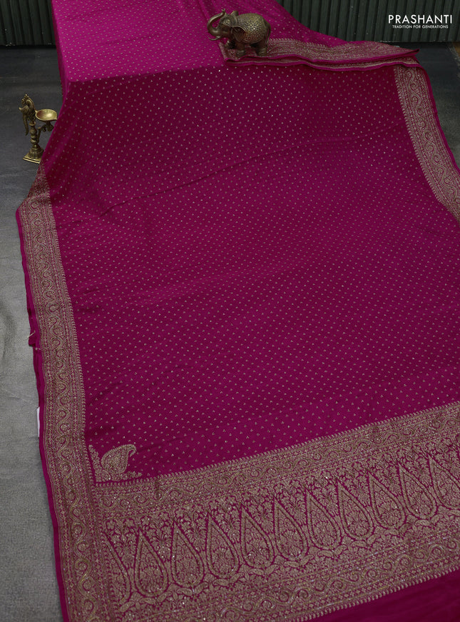 Banarasi crepe saree pink with allover woven buttas & stone work and beaded work border