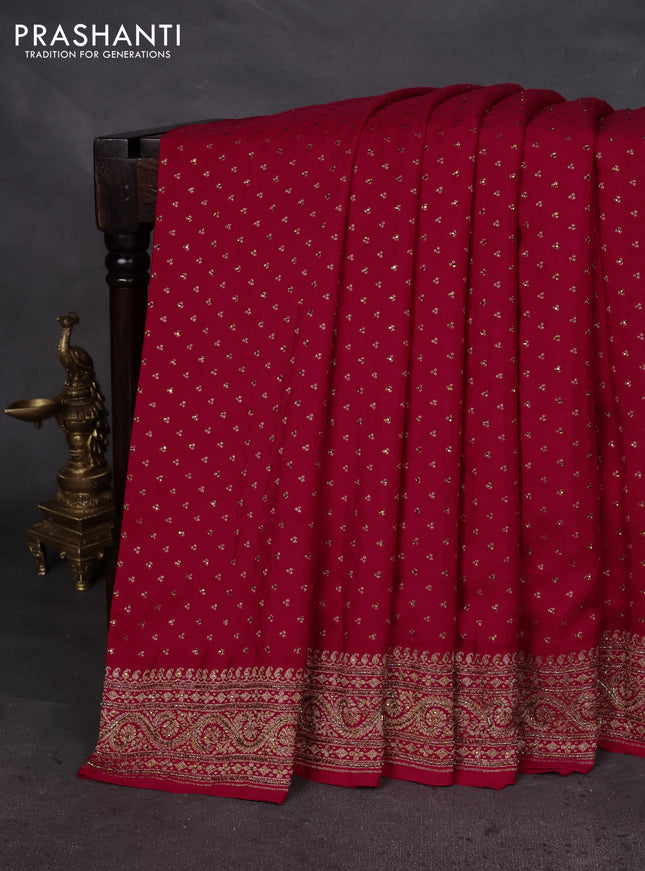 Banarasi crepe saree red with allover woven buttas & stone work and beaded work border
