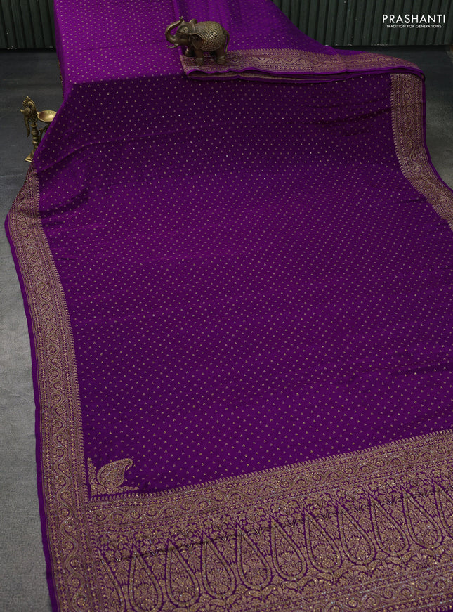 Banarasi crepe saree purple with allover woven buttas & stone work and beaded work border