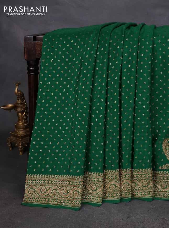 Banarasi crepe saree green with allover woven buttas & stone work and beaded work border