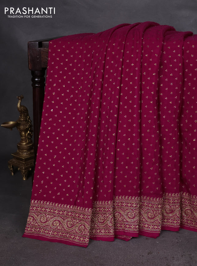 Banarasi crepe saree maroon with allover woven buttas & stone work and beaded work border
