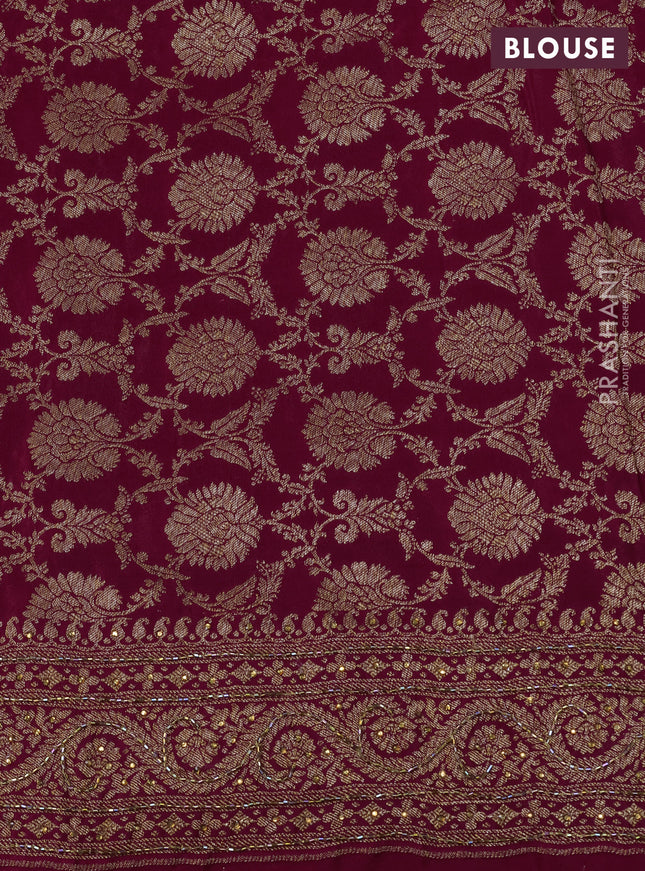 Banarasi crepe saree maroon with allover woven buttas & stone work and beaded work border
