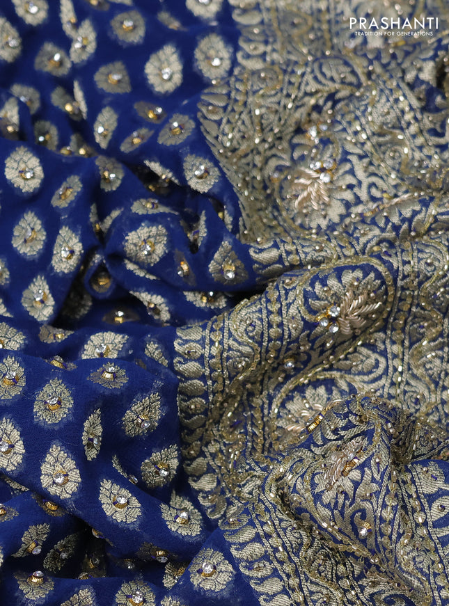 Banarasi georgette saree peacock blue with woven buttas & stone work and zardosi work border