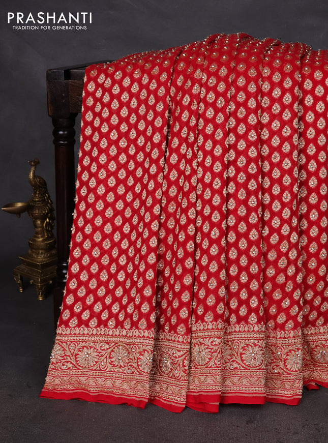 Banarasi georgette saree red with woven buttas & stone work and zardosi work border