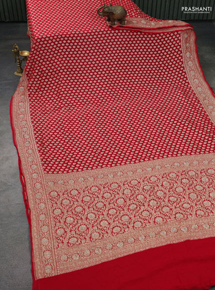 Banarasi georgette saree red with woven buttas & stone work and zardosi work border