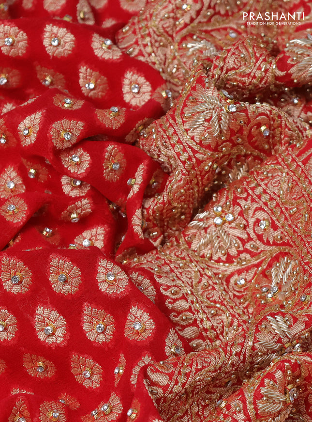 Banarasi georgette saree red with woven buttas & stone work and zardosi work border