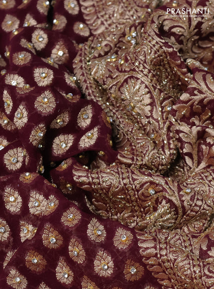 Banarasi georgette saree wine shade with woven buttas & stone work and zardosi work border