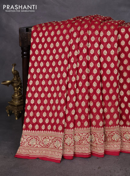 Banarasi georgette saree red with woven buttas & stone work and zardosi work border
