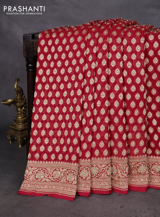 Banarasi georgette saree red with woven buttas & stone work and zardosi work border