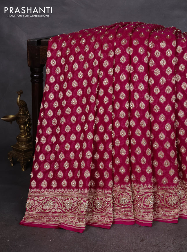 Banarasi georgette saree pink with woven buttas & stone work and zardosi work border