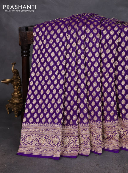 Banarasi georgette saree violet with woven buttas & stone work and zardosi work border