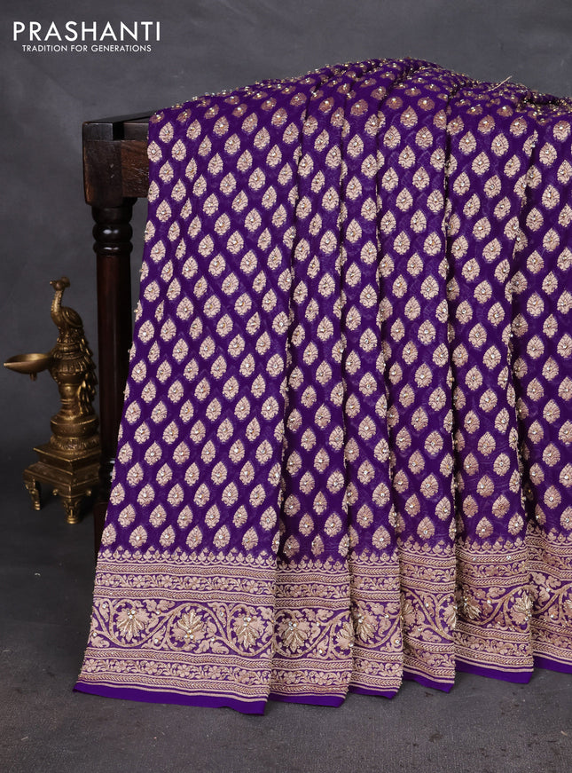 Banarasi georgette saree violet with woven buttas & stone work and zardosi work border