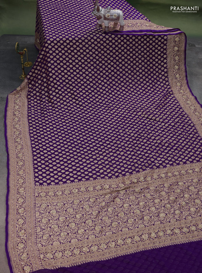 Banarasi georgette saree violet with woven buttas & stone work and zardosi work border