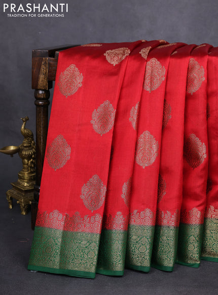 Chiniya silk saree red and green with woven buttas and woven border
