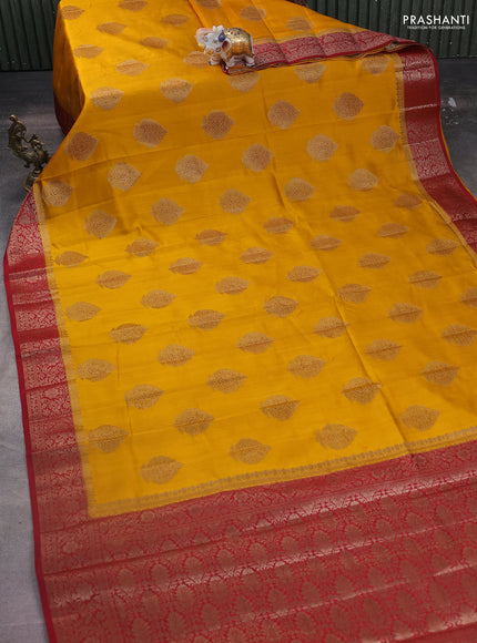Chiniya silk saree mustard yellow and maroon with woven buttas and woven border