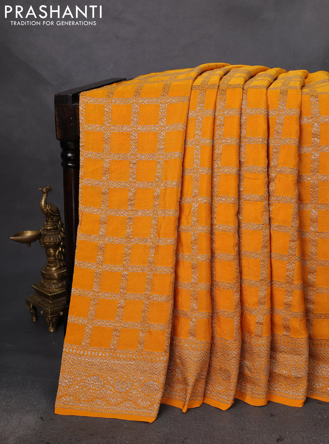 Banarasi crepe saree mustard yellow with half & half style and woven border