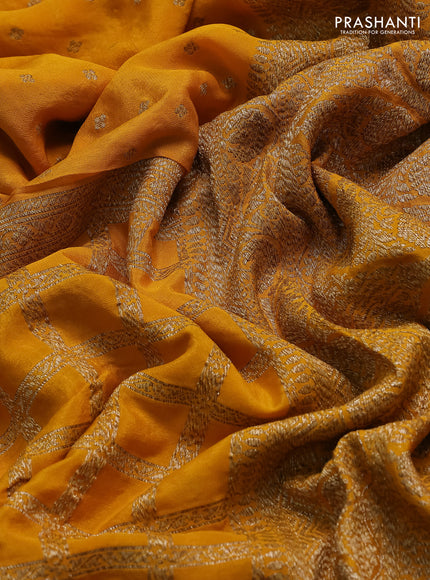 Banarasi crepe saree mustard yellow with half & half style and woven border