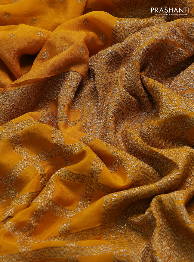 Banarasi crepe saree mustard yellow with half & half style and woven border