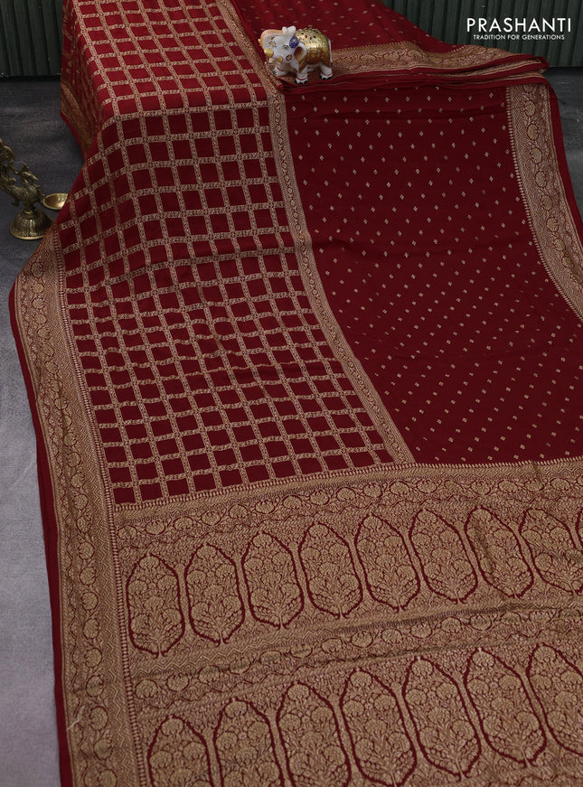 Banarasi crepe saree maroon with half & half style and woven border